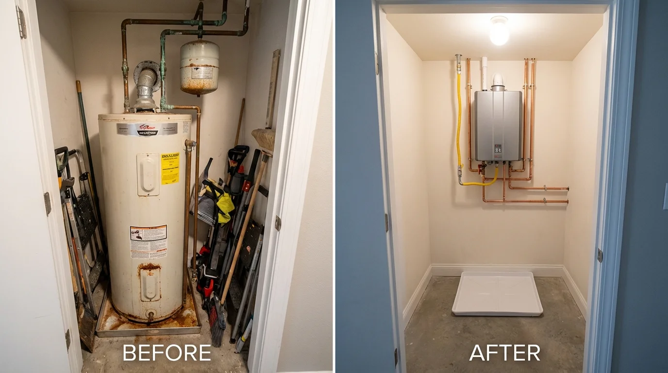 Tank water heater versus wall-mounted tankless unit comparison for Farmingdale, ME homeowners