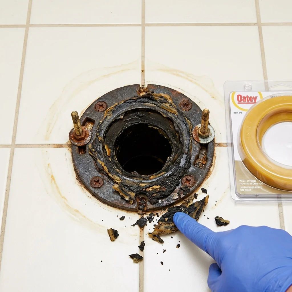 Failed wax ring showing water seepage at the base of a toilet in a Farmingdale, ME home