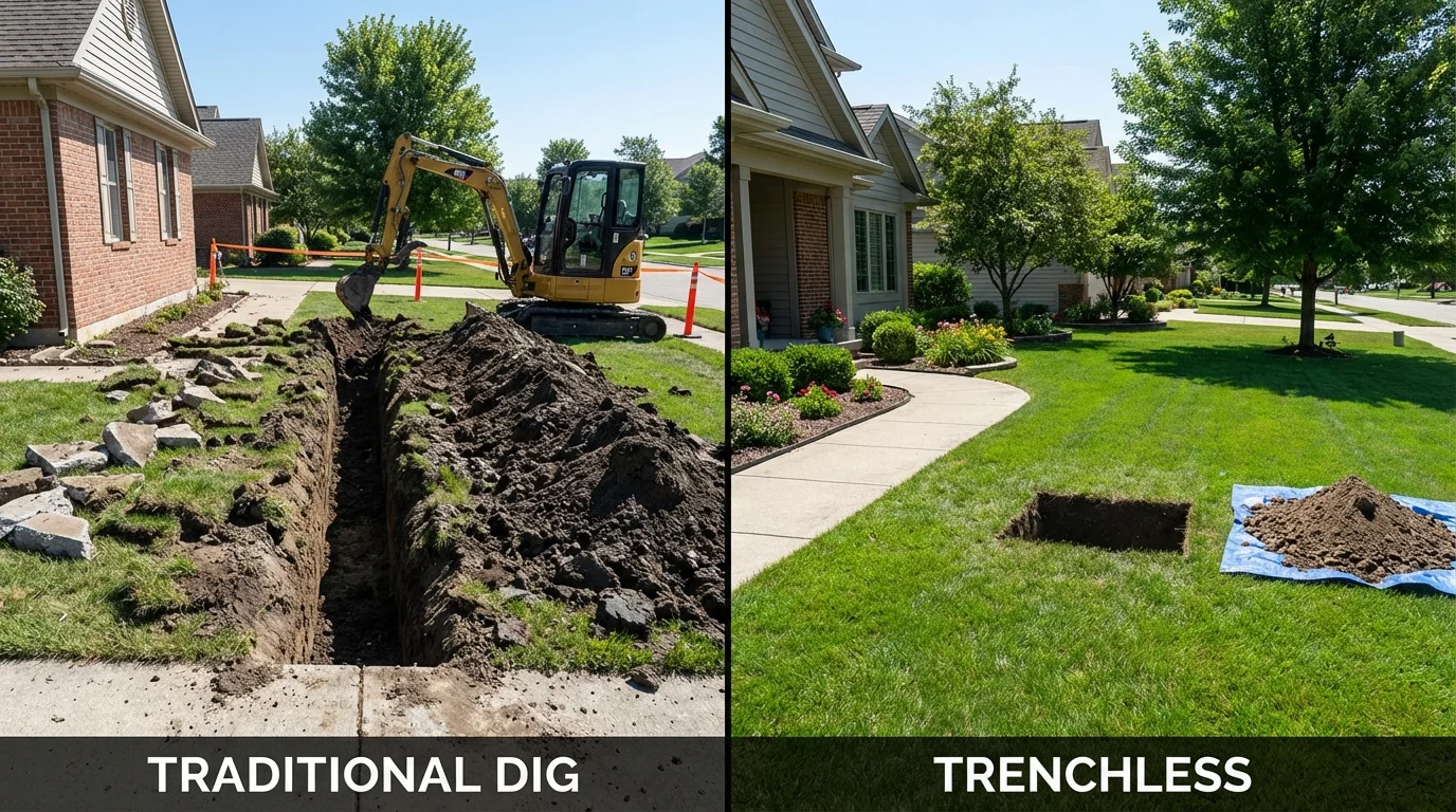Trenchless sewer repair with minimal yard damage versus traditional excavation in Farmingdale, ME