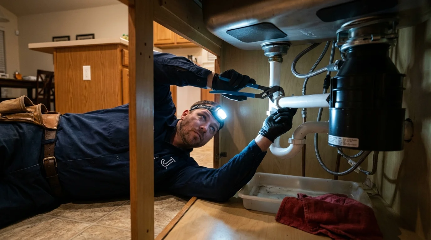 P-trap and supply line connections under a kitchen sink showing a common leak point in Farmingdale, ME